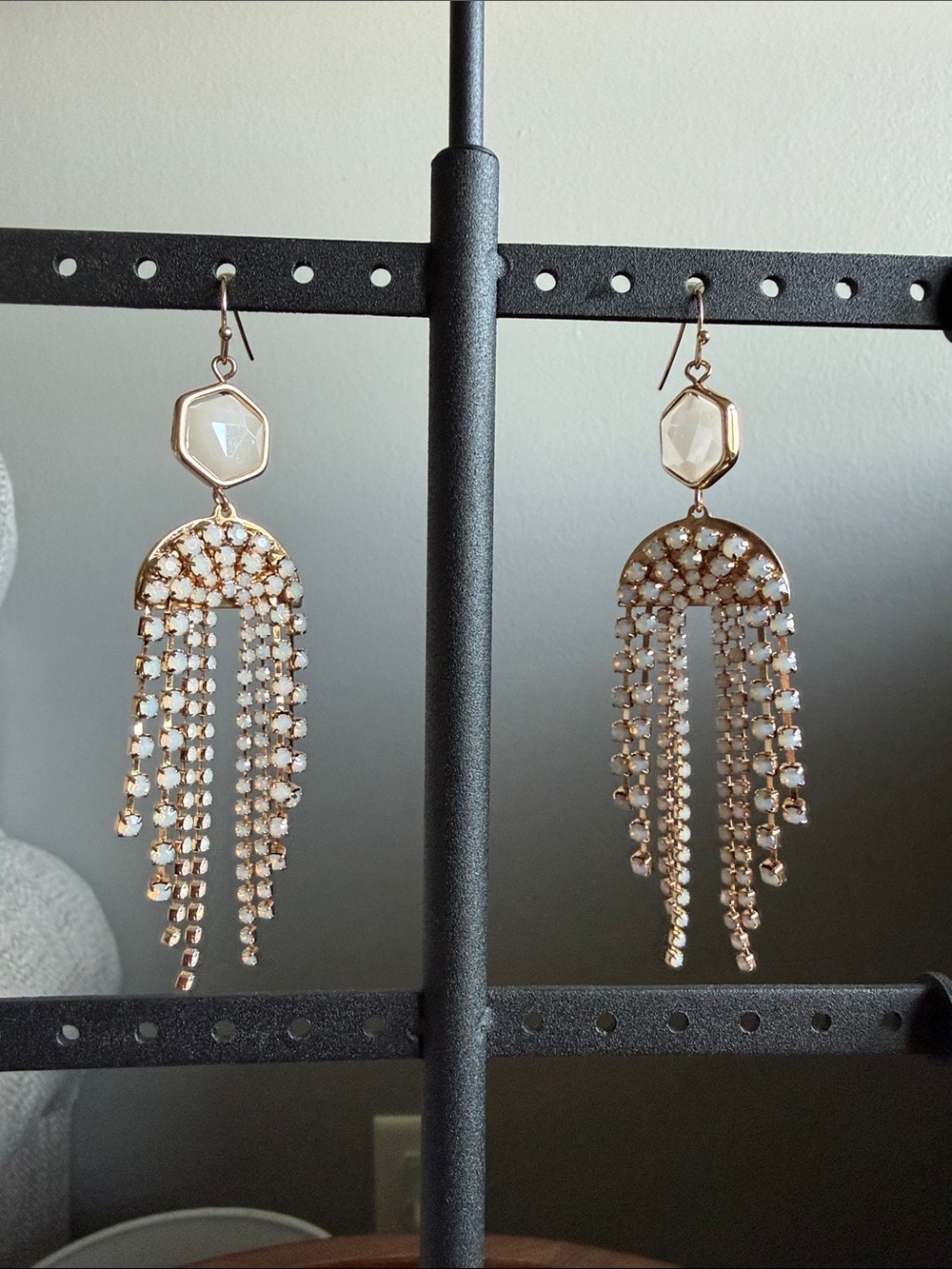 Gold and White Dangle Fringe Earrings - Women Jewelry